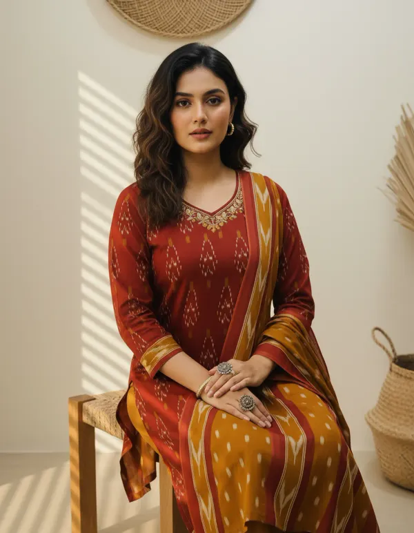 Pure-Cotton-Maroon-Ikkat-Kurti-Set