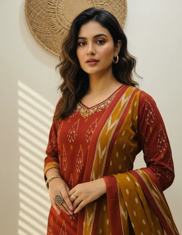 Pure-Cotton-Maroon-Ikkat-Kurti-Set