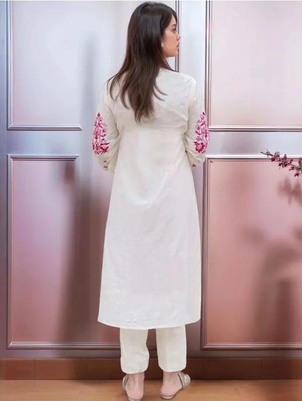 White_Cotton_Kurta_And_Pant_Set_With_Kashmiri_Pink_Embroidery
