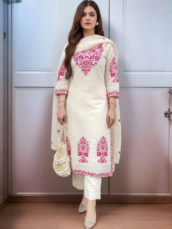 White_Cotton_Kurta_And_Pant_Set_With_Kashmiri_Pink_Embroidery