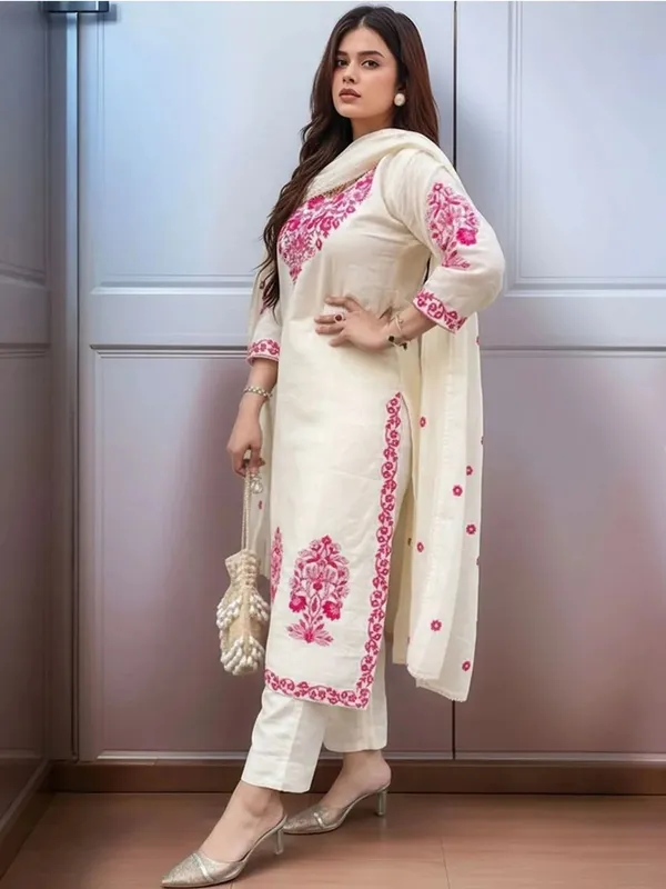 White_Cotton_Kurta_And_Pant_Set_With_Kashmiri_Pink_Embroidery