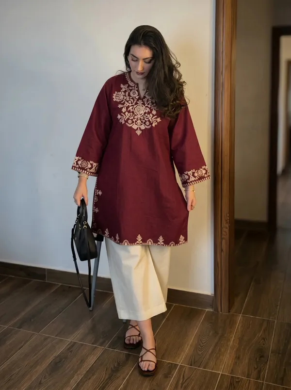 Raspberry-Maroon-Embroidered-Kurti-with-Off-White-Straight-Pants