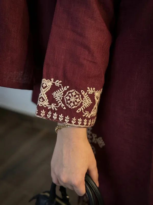 Raspberry-Maroon-Embroidered-Kurti-with-Off-White-Straight-Pants