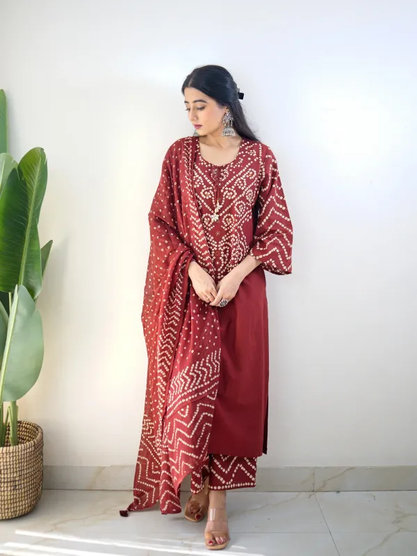 Rust-Maroon-Bandhani-Printed-Kurta-Set-with-Palazzo