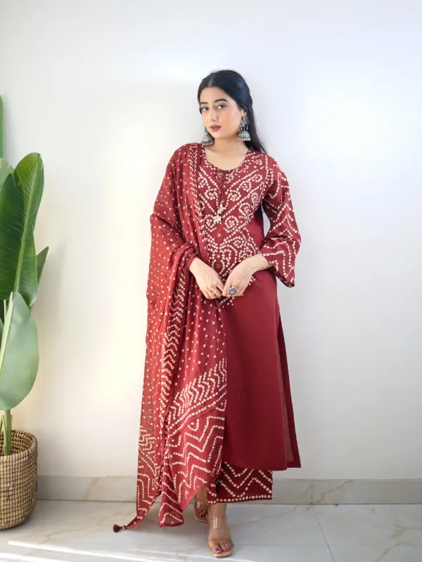 Rust-Maroon-Bandhani-Printed-Kurta-Set-with-Palazzo