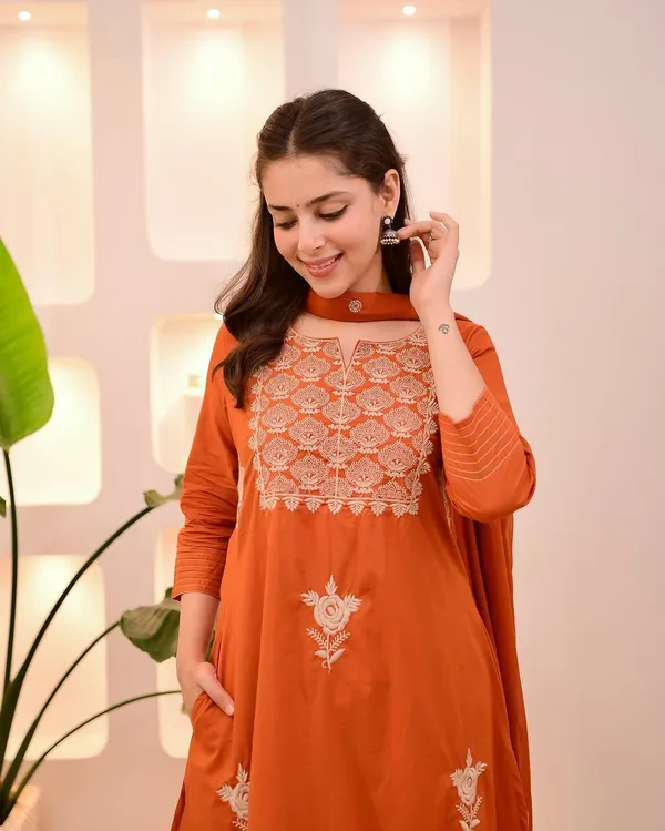 Rust_Orange_Embroidered_A_Line_Kurta_Set_With_Dupatta_For_Women