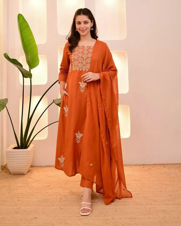 Rust_Orange_Embroidered_A_Line_Kurta_Set_With_Dupatta_For_Women