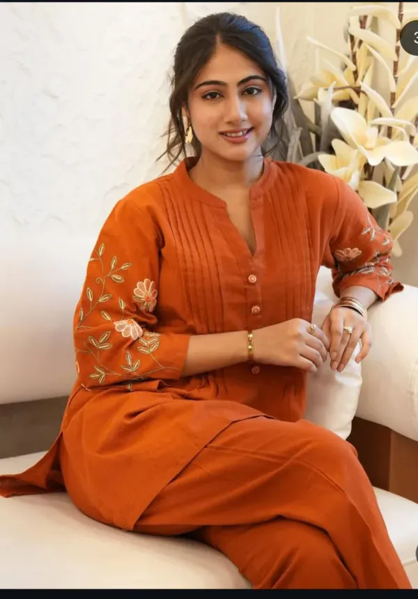 Rust_Orange_Embroidered_Cotton_Kurta_Set