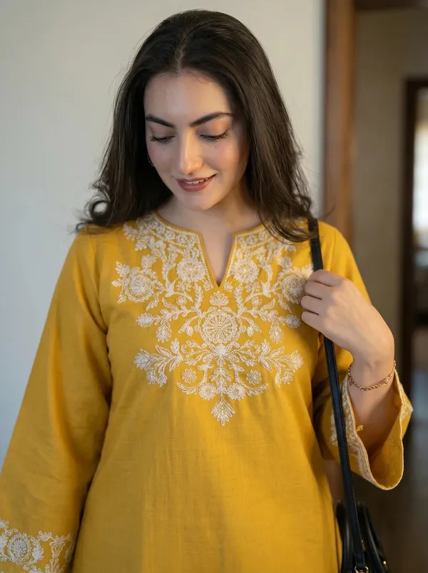 Mustard-Yellow-Embroidered-Kurti-with-Off-White-Straight-Pants