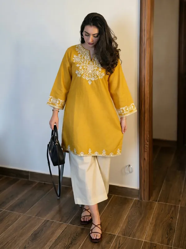 Mustard-Yellow-Embroidered-Kurti-with-Off-White-Straight-Pants