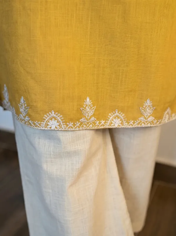 Mustard-Yellow-Embroidered-Kurti-with-Off-White-Straight-Pants