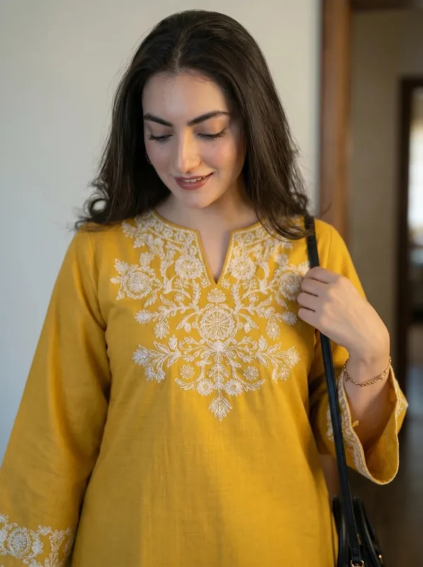 Mustard-Yellow-Embroidered-Kurti-with-Off-White-Straight-Pants
