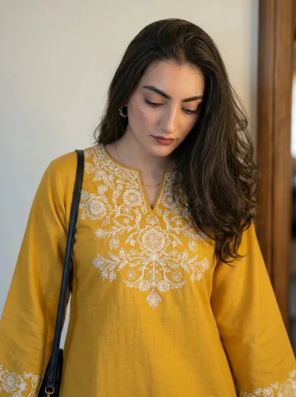 Mustard-Yellow-Embroidered-Kurti-with-Off-White-Straight-Pants
