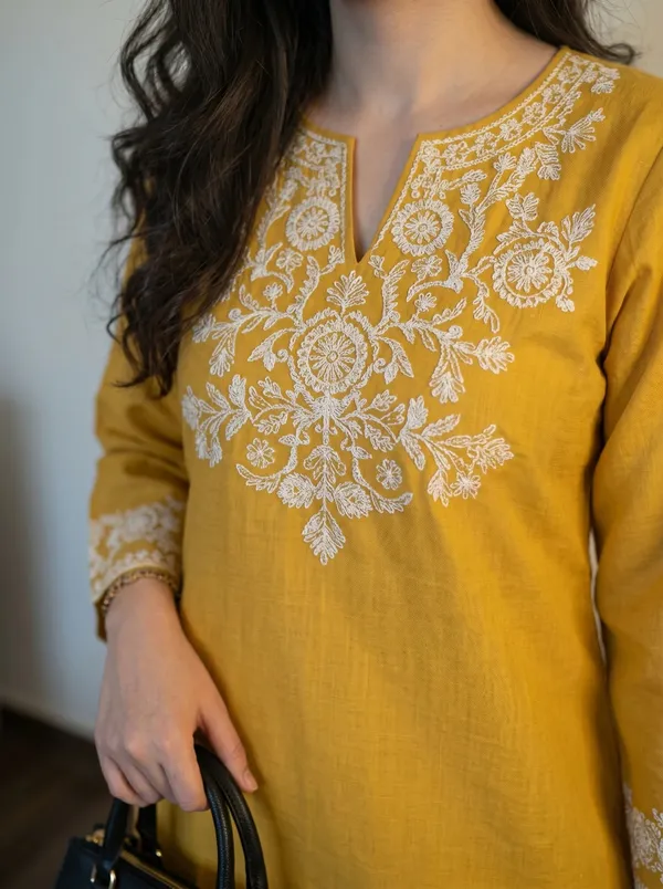 Mustard-Yellow-Embroidered-Kurti-with-Off-White-Straight-Pants