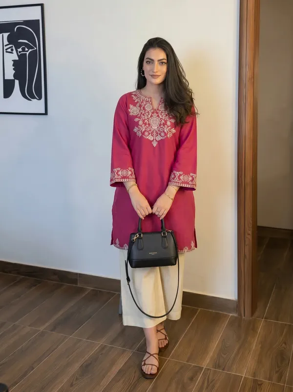 Raspberry-Pink-Embroidered-Kurti-with-Off-White-Straight-Pants
