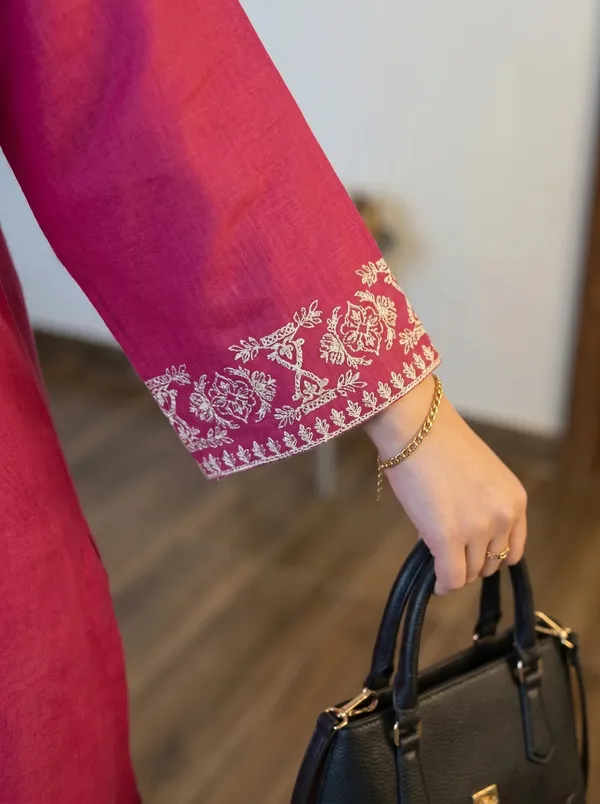 Raspberry-Pink-Embroidered-Kurti-with-Off-White-Straight-Pants