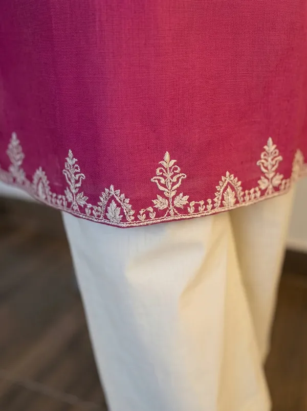 Raspberry-Pink-Embroidered-Kurti-with-Off-White-Straight-Pants
