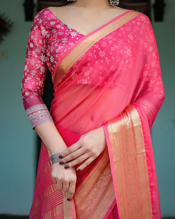 Ravishing_Rani_Pink_Plain_Chiffon_Saree_With_Gold_Zari_Border,_Floral_Printed_Blouse_&_Tassel_Accents_For_Women