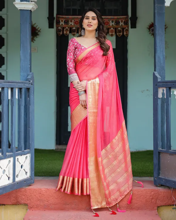 Ravishing_Rani_Pink_Plain_Chiffon_Saree_With_Gold_Zari_Border,_Floral_Printed_Blouse_&_Tassel_Accents_For_Women