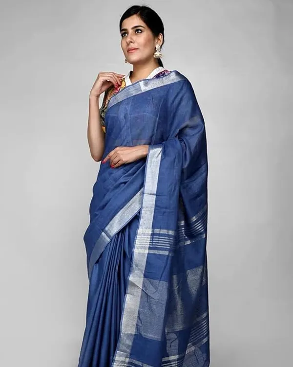 Blue_Linen_Slub_Ethnic_Wear_Saree_For_Women_With_Blouse