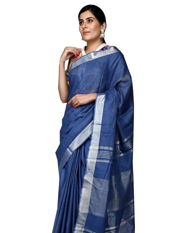 Blue_Linen_Slub_Ethnic_Wear_Saree_For_Women_With_Blouse