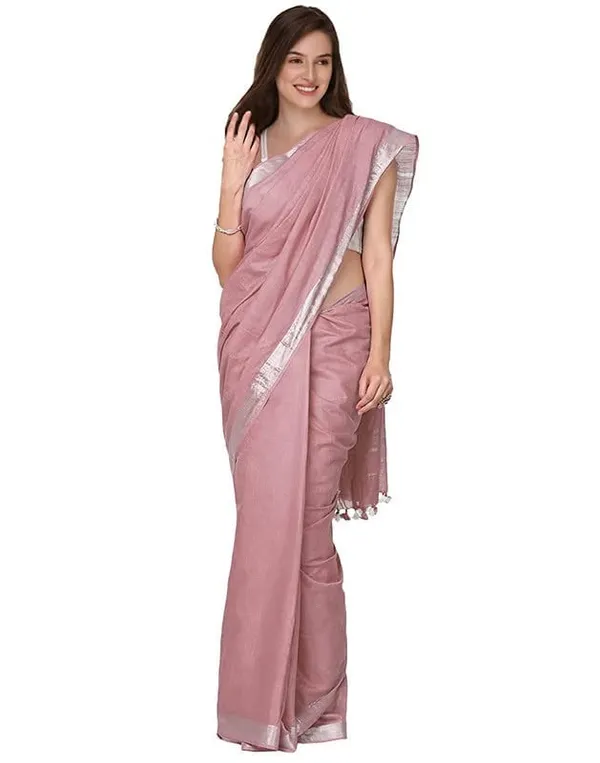 Peach_Linen_Slub_Ethnic_Wear_Saree_For_Women_With_Blouse