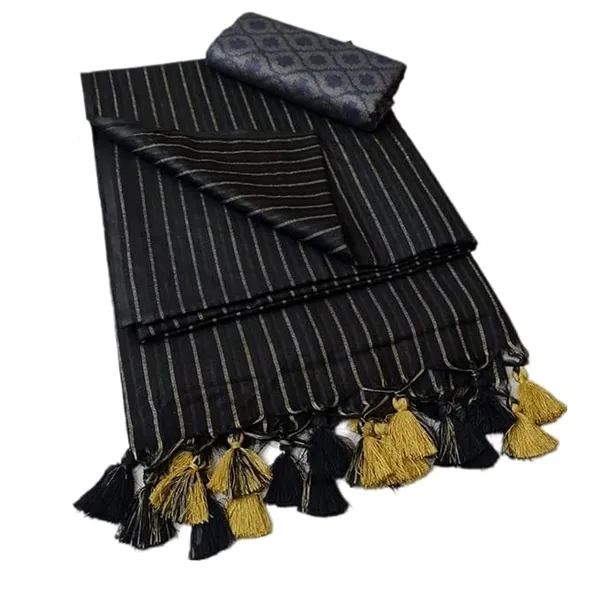 Black_Bhagalpuri_Soft_Stripe_Cotton_Silk_Saree_With_Unstitched_Contrast_Blouse_Piece