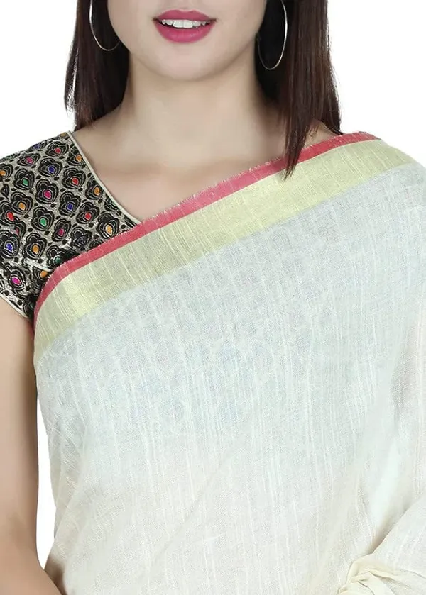 Cream_Linen_Slub_Ethnic_Wear_Saree_For_Women_With_Blouse