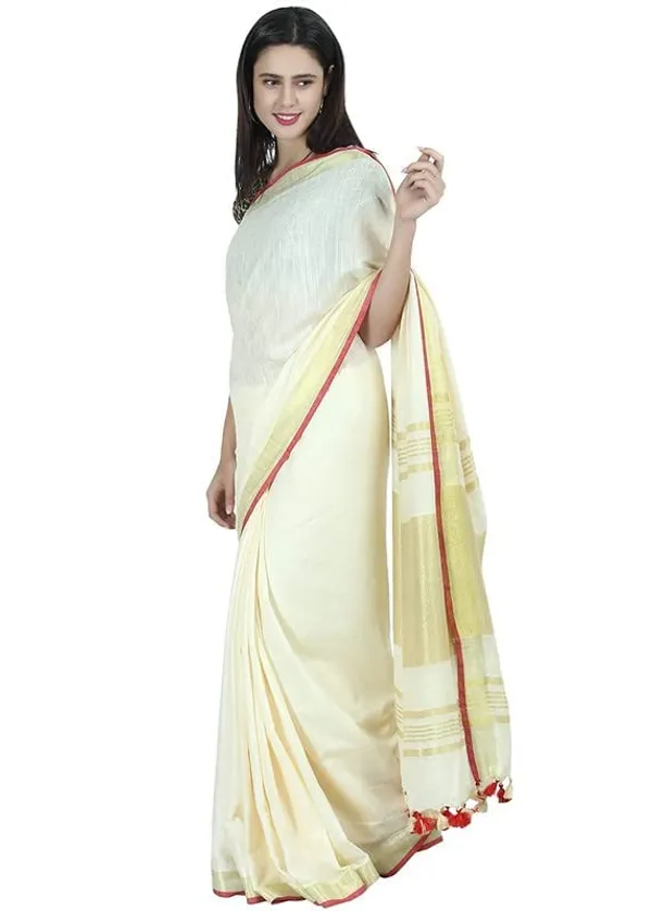 Cream_Linen_Slub_Ethnic_Wear_Saree_For_Women_With_Blouse