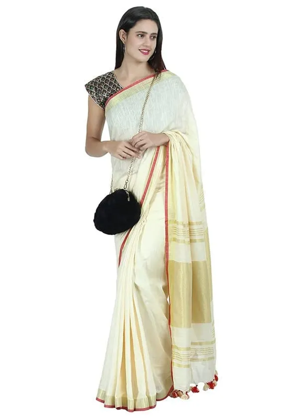 Cream_Linen_Slub_Ethnic_Wear_Saree_For_Women_With_Blouse