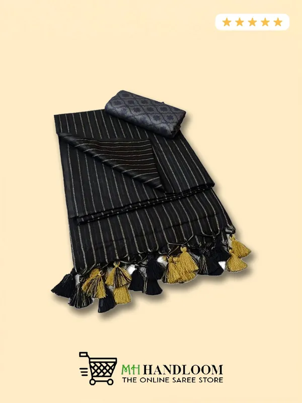 Black_Bhagalpuri_Soft_Stripe_Cotton_Silk_Saree_With_Unstitched_Contrast_Blouse_Piece