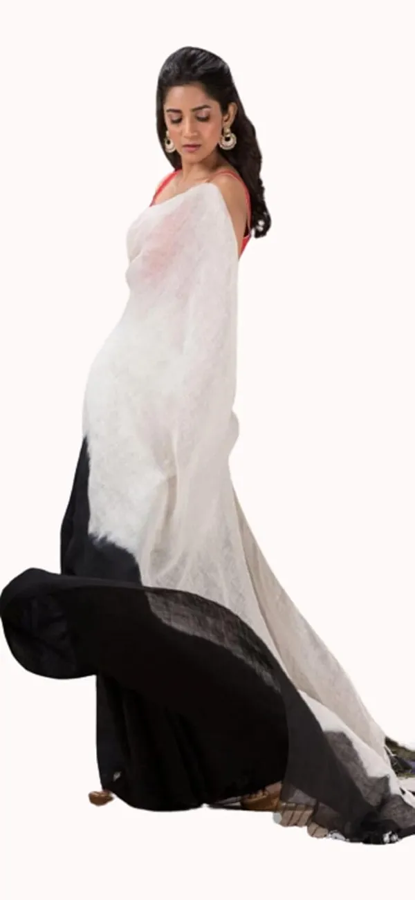 Black_Linen_Slub_2_Dyed_Ethnic_Wear_Saree_For_Women_With_Blouse