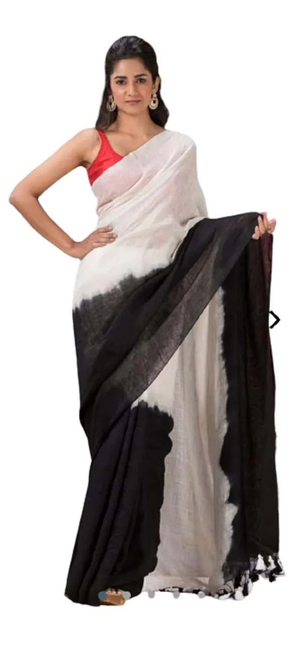 Black_Linen_Slub_2_Dyed_Ethnic_Wear_Saree_For_Women_With_Blouse