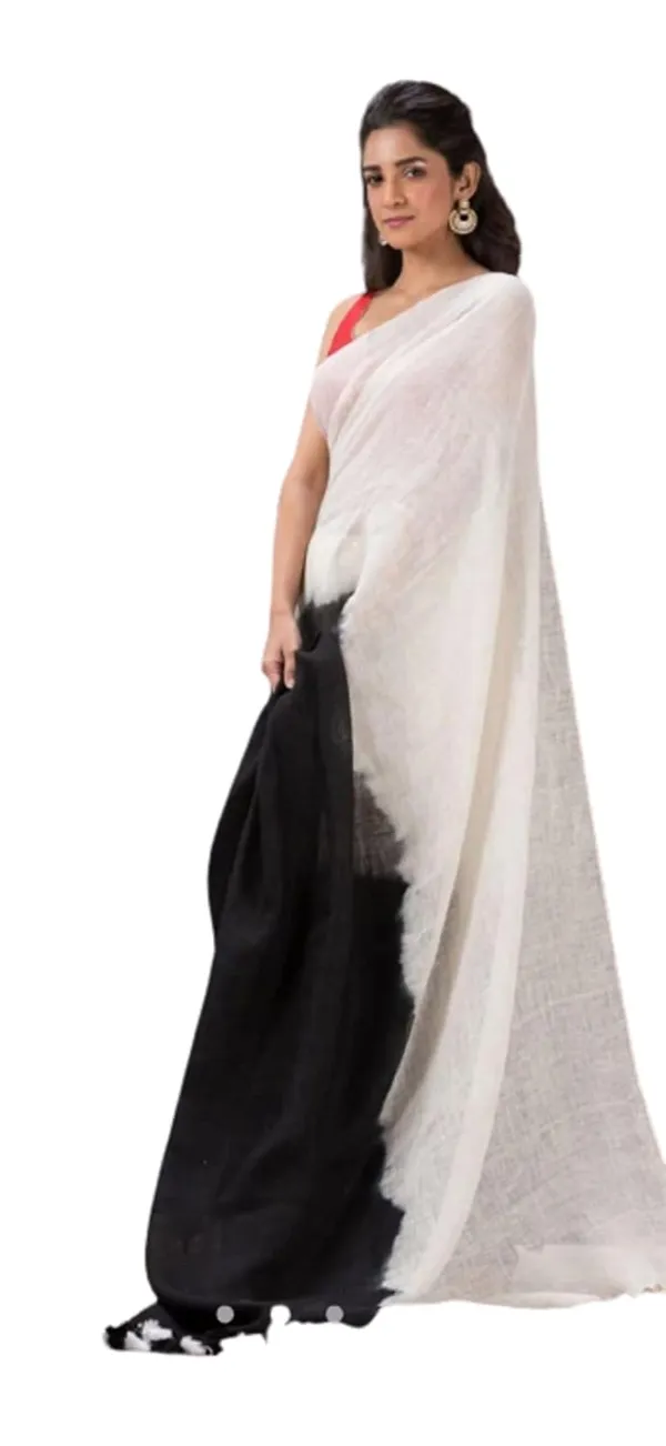 Black_Linen_Slub_2_Dyed_Ethnic_Wear_Saree_For_Women_With_Blouse