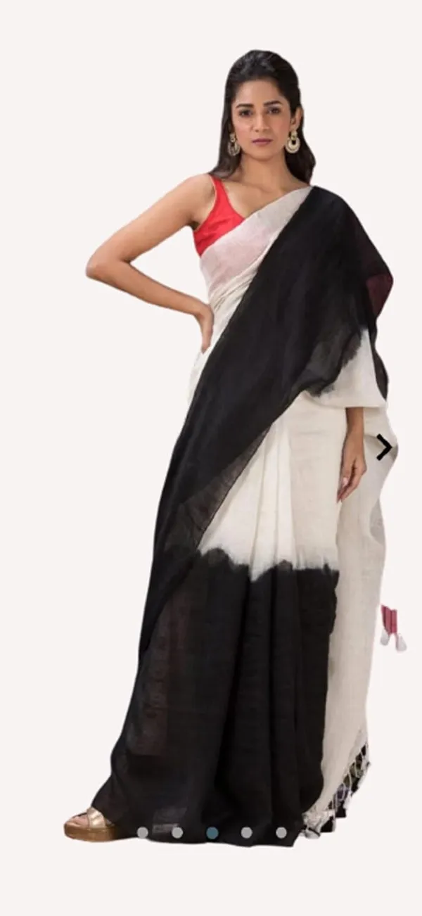 Black_Linen_Slub_2_Dyed_Ethnic_Wear_Saree_For_Women_With_Blouse