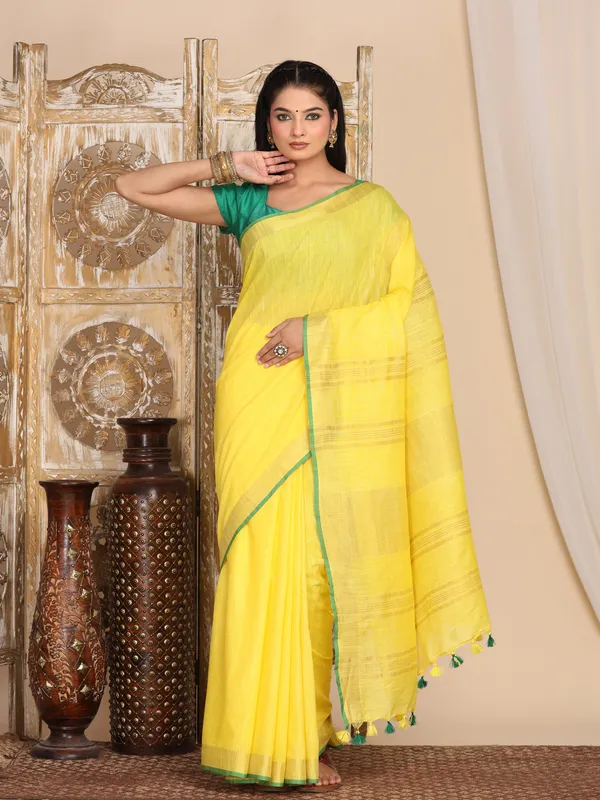 Yellow_Women's_Linen_Slub_Saree_with_Blouse_Piece_for_Every_Occasion