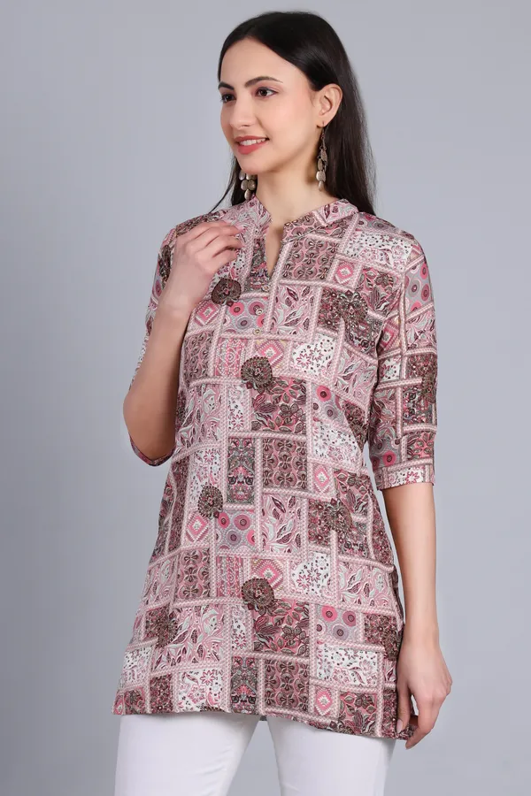 MH_HANDLOOM_Cotton_Printed_Short_Kurti_for_Women,_3/4_Sleeve,_Mid_Thigh_Length,_Band_Neck,_Regular_Fit_Kurti_for_Woman