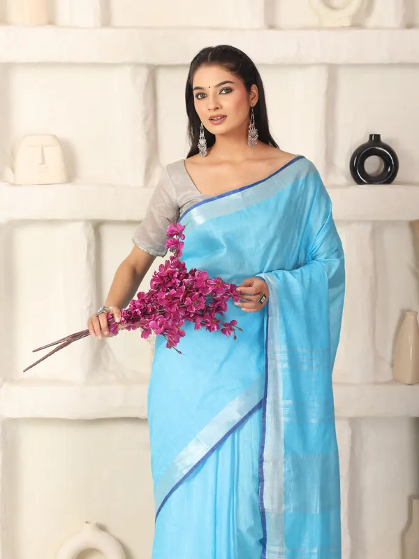 Sky_Blue_Women's_Linen_Slub_Saree_with_Blouse_Piece_for_Every_Occasion