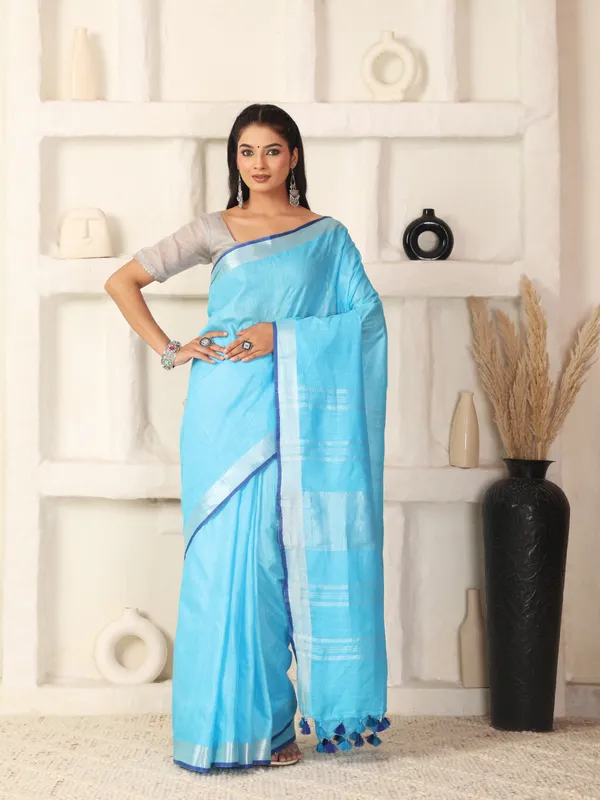 Sky_Blue_Women's_Linen_Slub_Saree_with_Blouse_Piece_for_Every_Occasion