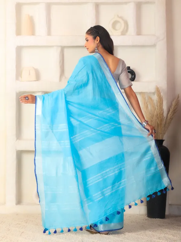 Sky_Blue_Women's_Linen_Slub_Saree_with_Blouse_Piece_for_Every_Occasion