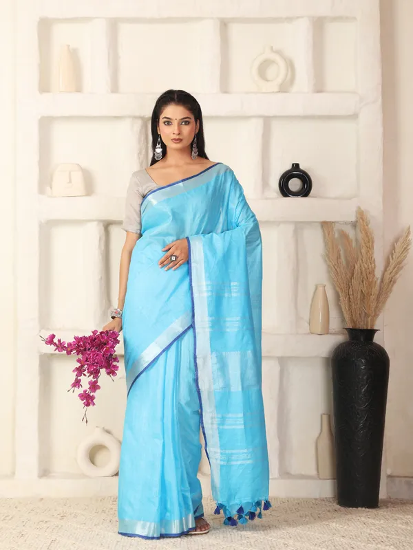 Sky_Blue_Women's_Linen_Slub_Saree_with_Blouse_Piece_for_Every_Occasion