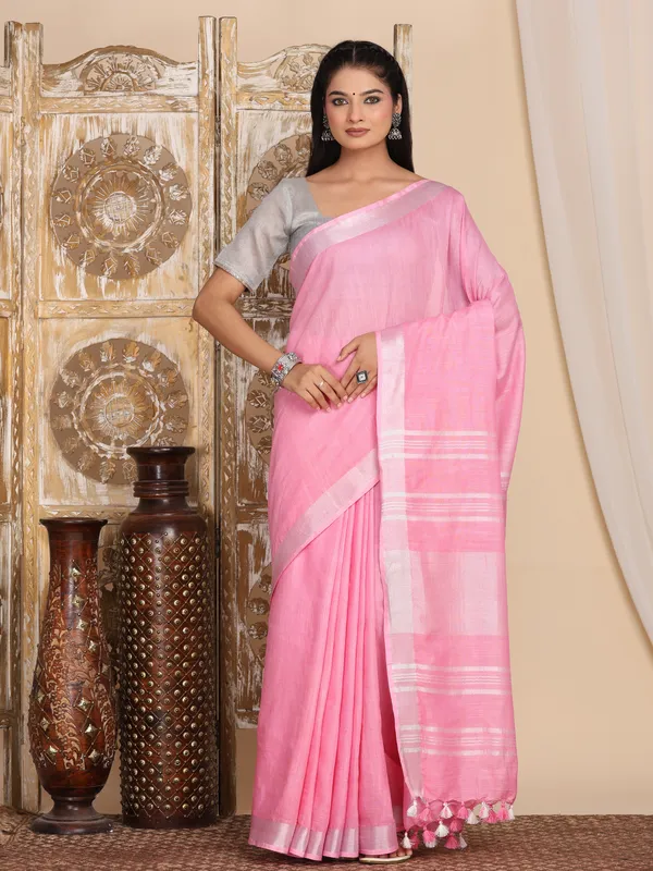 Pink_Linen_Slub_Ethnic_Wear_Saree_For_Women_With_Blouse