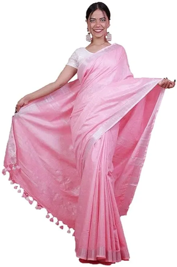 Pink_Linen_Slub_Ethnic_Wear_Saree_For_Women_With_Blouse