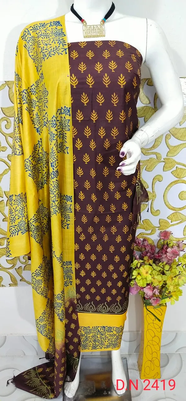 MH_HANDLOOM_SEMI_SILK_HAND_PRINTED_UNSTITCHED_DREE_MATERIAL_WITH_DUPATTA