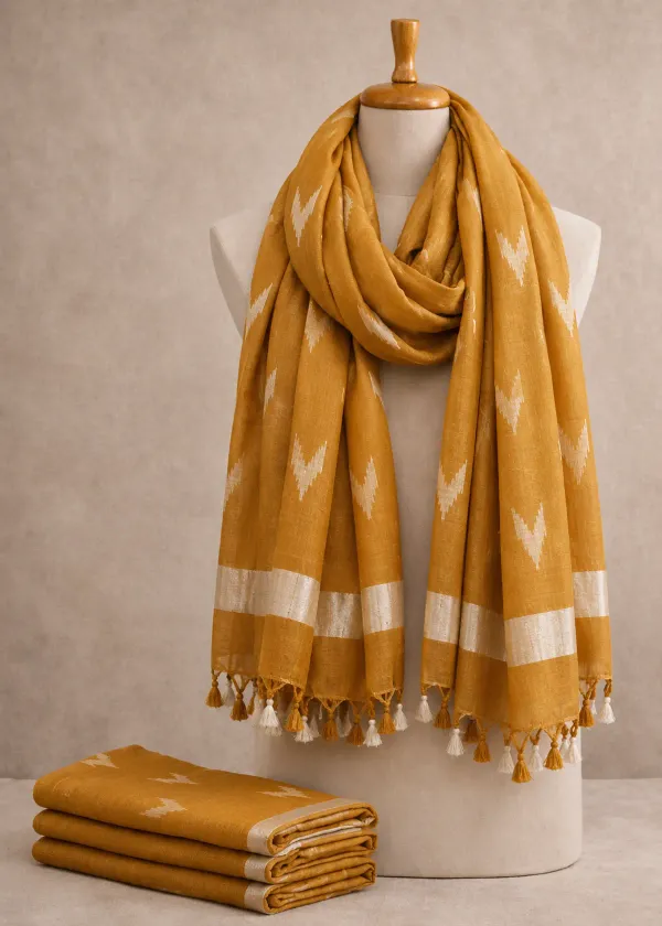 Linen_Cotton_Blend_Zari_Weaving_Handloom_Ikkat_Design_Dupatta