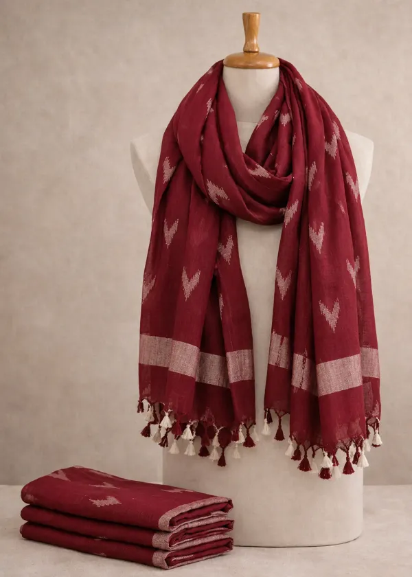 Linen_Cotton_Blend_Zari_Weaving_Handloom_Ikkat_Design_Dupatta