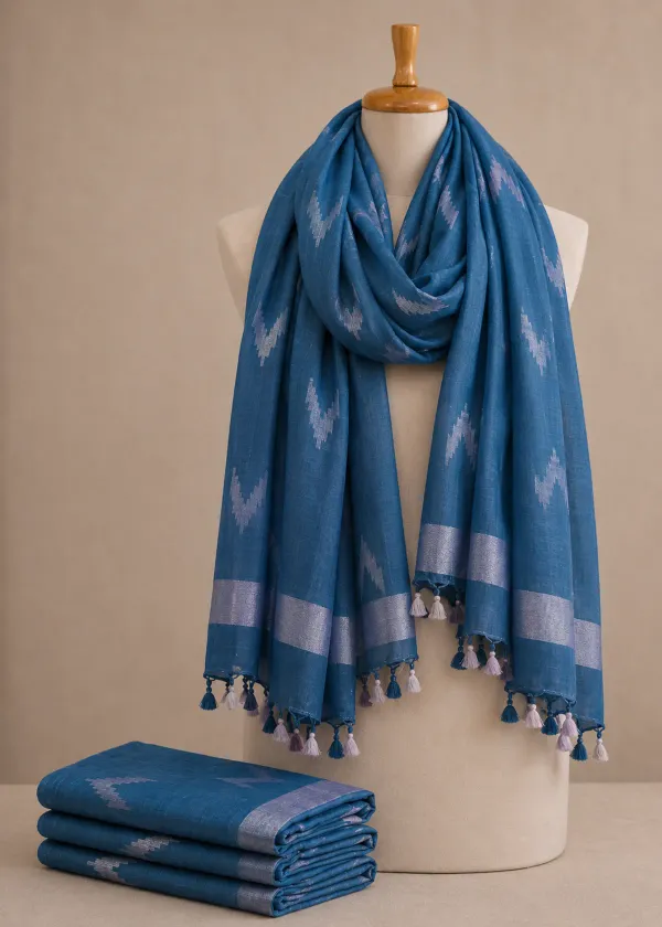 Linen_Cotton_Blend_Zari_Weaving_Handloom_Ikkat_Design_Dupatta