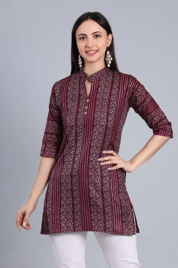 MH_HANDLOOM_Cotton_Printed_Short_Kurti_for_Women,_3/4_Sleeve,_Mid_Thigh_Length,_Band_Neck,_Regular_Fit_Kurti_for_Woman