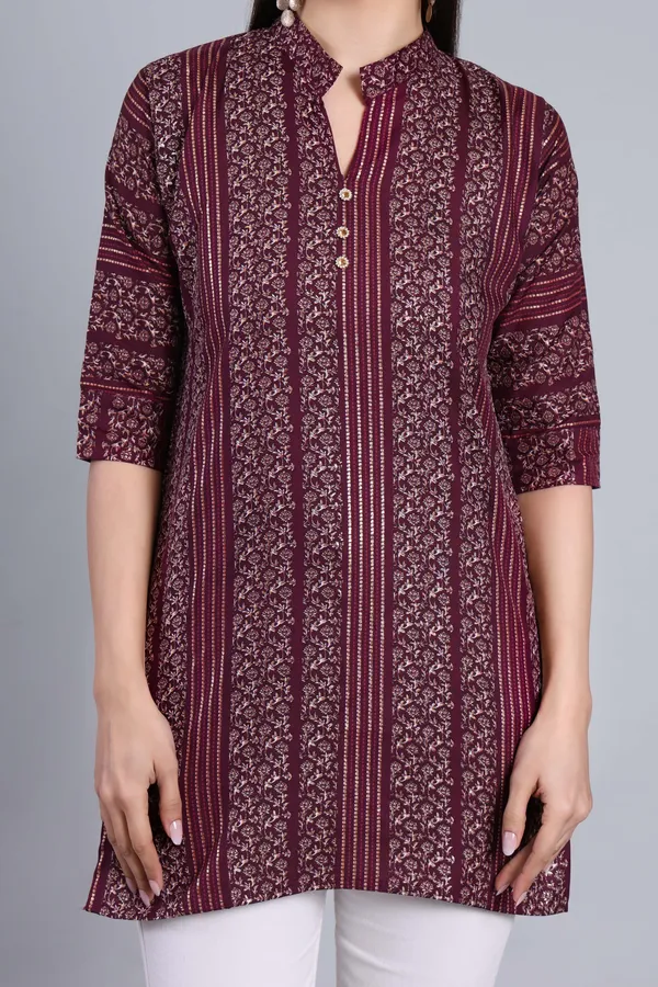 MH_HANDLOOM_Cotton_Printed_Short_Kurti_for_Women,_3/4_Sleeve,_Mid_Thigh_Length,_Band_Neck,_Regular_Fit_Kurti_for_Woman