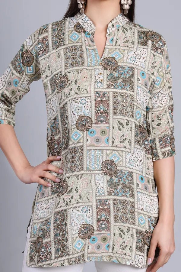 MH_HANDLOOM_Cotton_Printed_Short_Kurti_for_Women,_3/4_Sleeve,_Mid_Thigh_Length,_Band_Neck,_Regular_Fit_Kurti_for_Woman